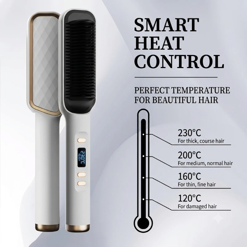 A hair straightener shown on a light gray background with marketing text reading 'SMART HEAT CONTROL' and a temperature guide for different hair types. The device has a white body with gold trim and a black heating plate.