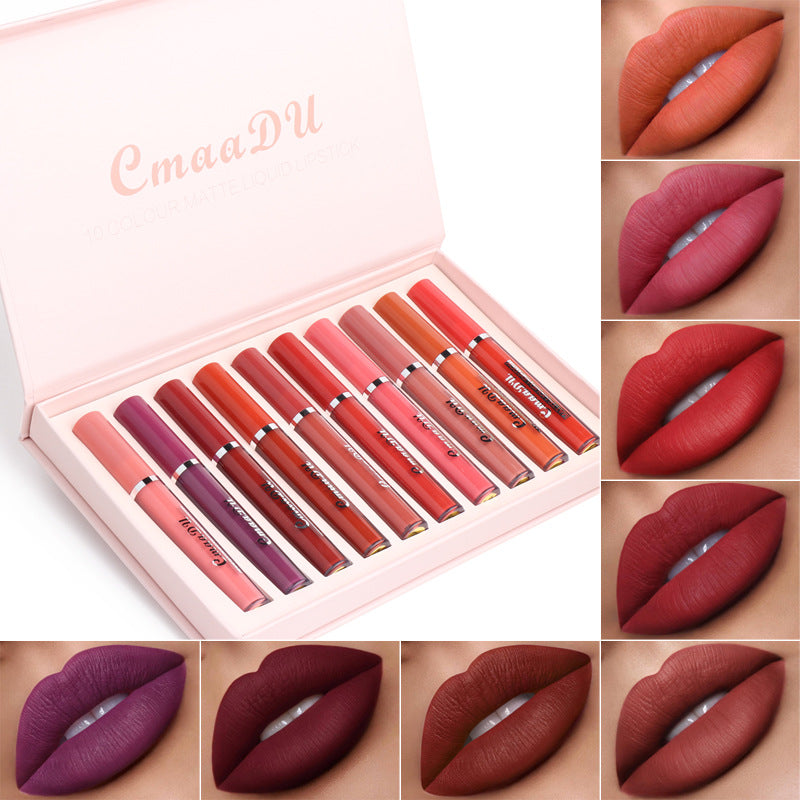 10-piece matte liquid lipstick set in open gift box with lip shade swatches