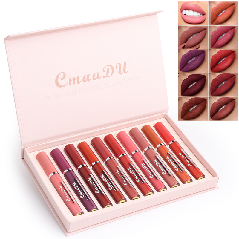 Set of CmaaDu lipsticks in a pink case with color swatches on a white background