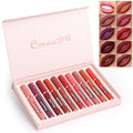 Set of CmaaDu lipsticks in a pink case with color swatches on a white background