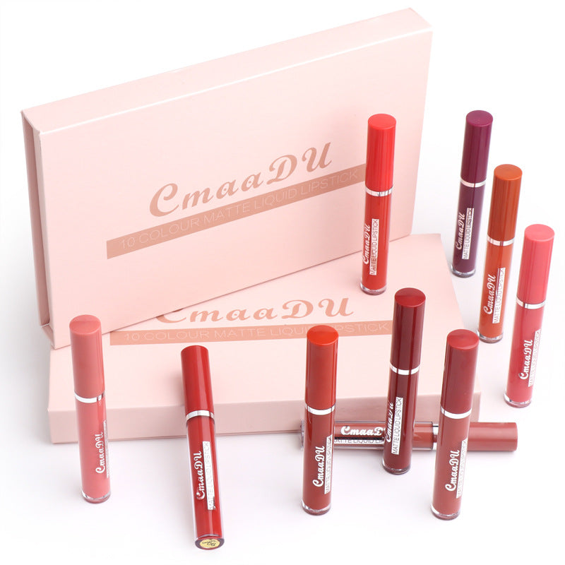 10 liquid lipstick tubes standing next to pink packaging box