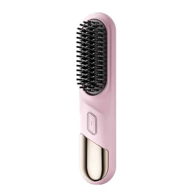 Pink hairbrush with black bristles on a white background
