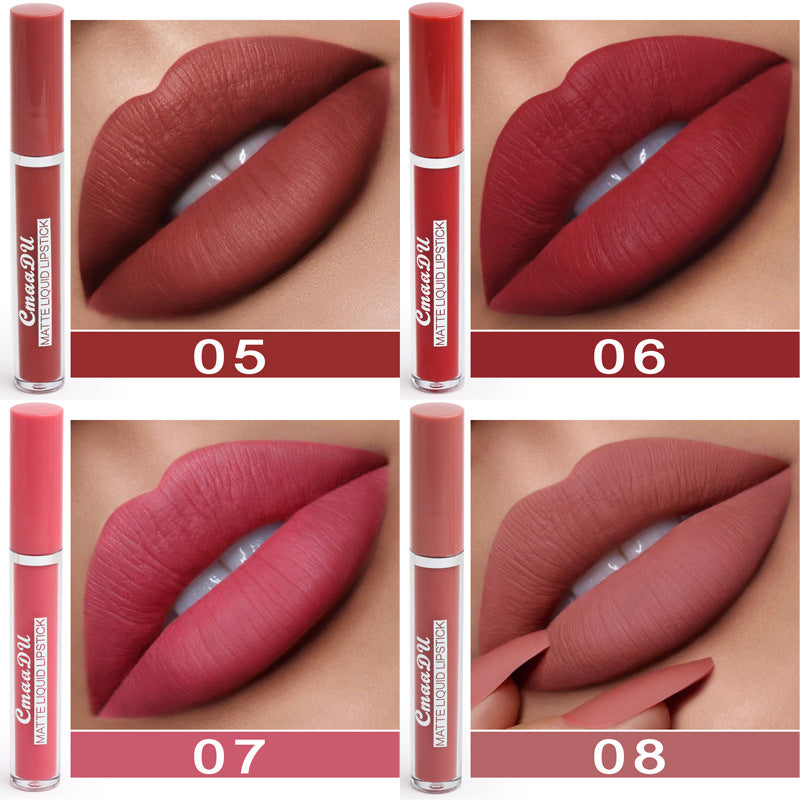 Lipstick shades 05 to 08 displayed on lips with a visible brand name.