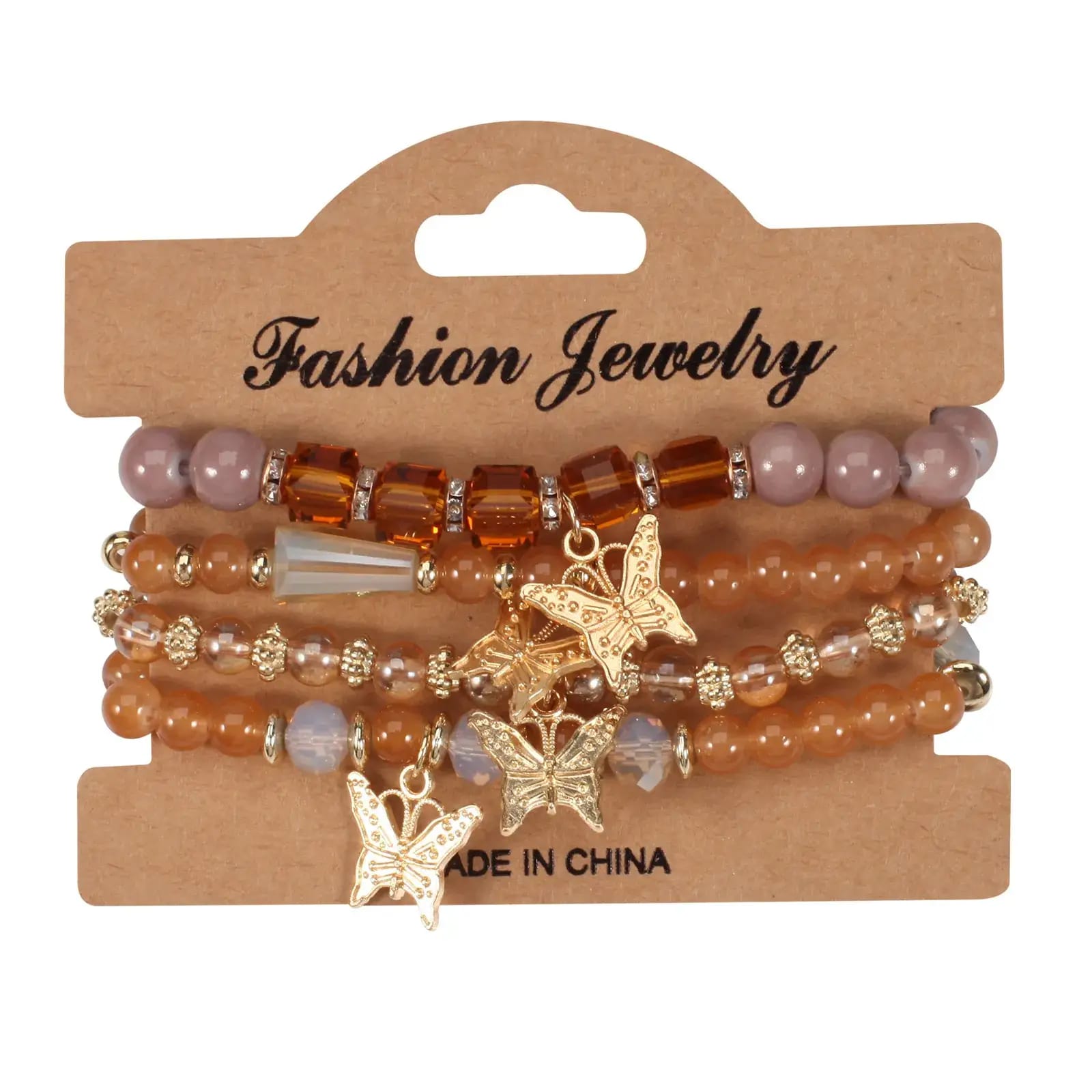 Set of beaded bracelets with butterfly charms on a 'Fashion Jewelry' card.