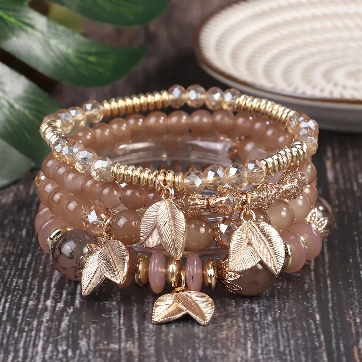 4-piece bohemian beaded bracelet stack with white resin beads