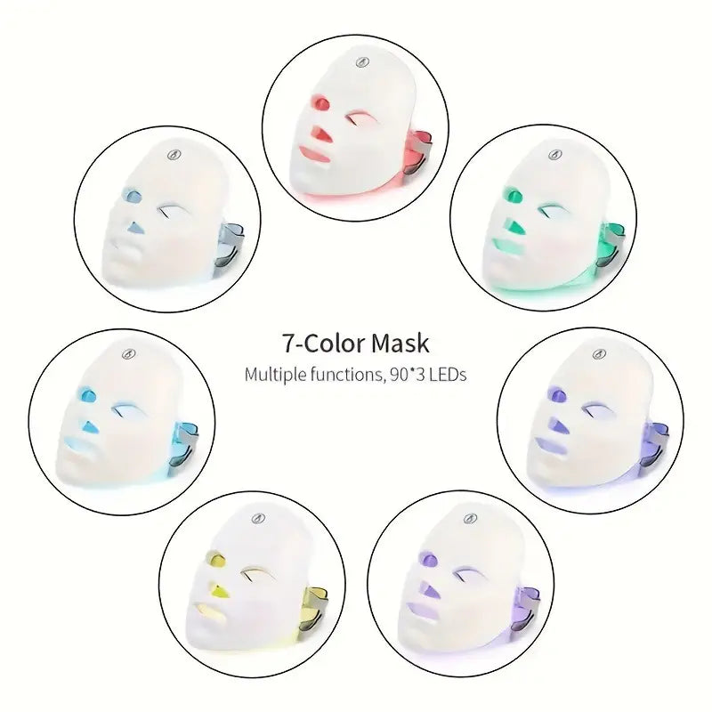 7-color LED mask with various light patterns on a white background