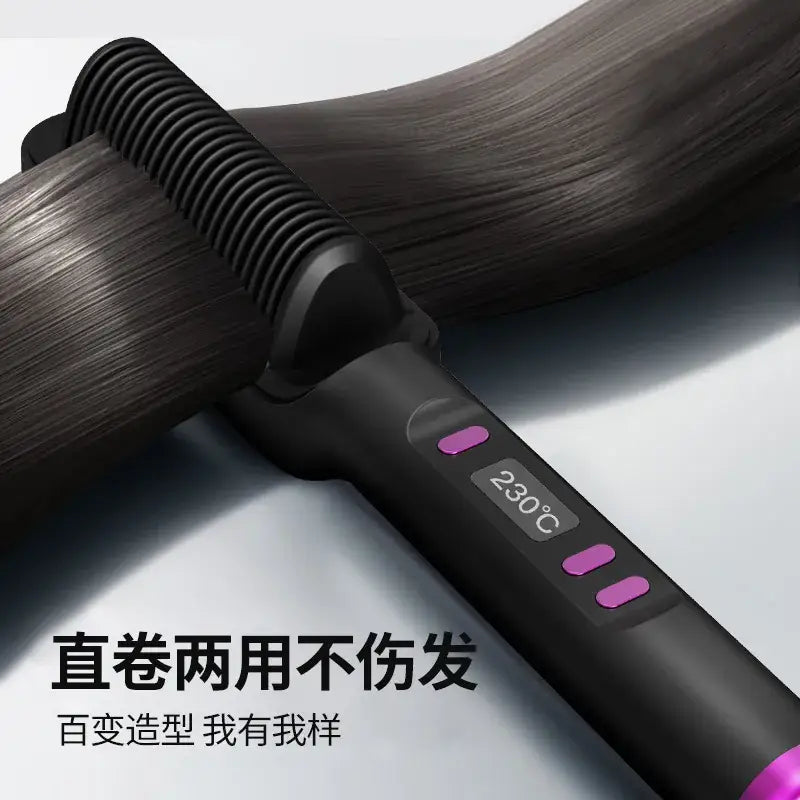 A black hair straightener brush shown close-up with dark hair being brushed through it. The device has purple buttons and a digital temperature display reading 230°C.