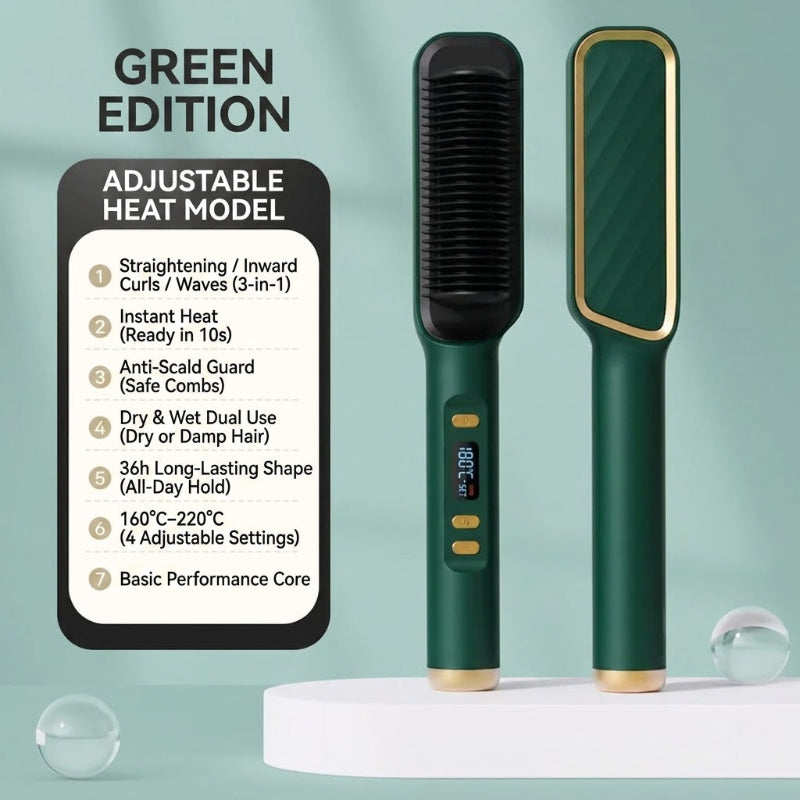 A green hair straightener shown from two angles on a white pedestal against a pale green background, with text reading 'GREEN EDITION' and a feature list about adjustable heat models.