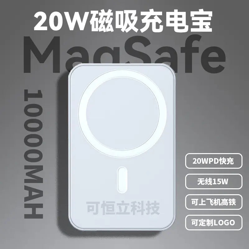 A white MagSafe-compatible wireless charging case shown on a gray background with Chinese promotional text, including '20W磁吸充电宝', 'MagSafe', '10000MAH', and feature callouts for 20WPD fast charging, wireless 15W charging, airplane/train compatibility, and customizable logo.