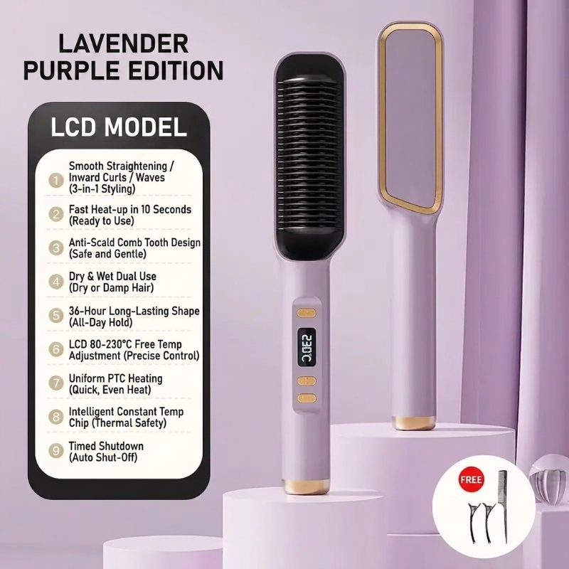 A lavender purple flat iron styled as a hair straightener, shown alongside a second view of the device and a black feature list card labeled LCD MODEL. The background is a soft lavender studio setup with pedestal display.