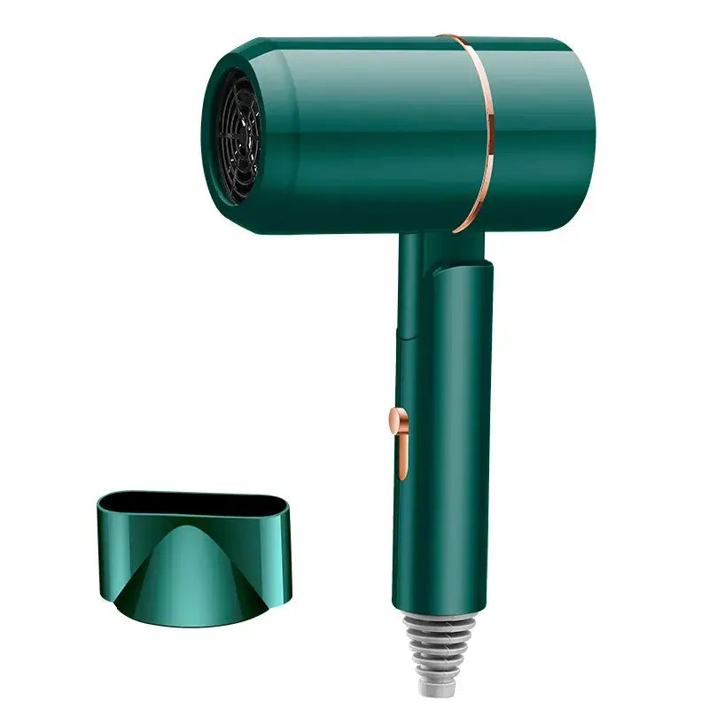 A metallic dark green hair dryer with rose gold accents, shown alongside its matching concentrator nozzle attachment on a solid white background.