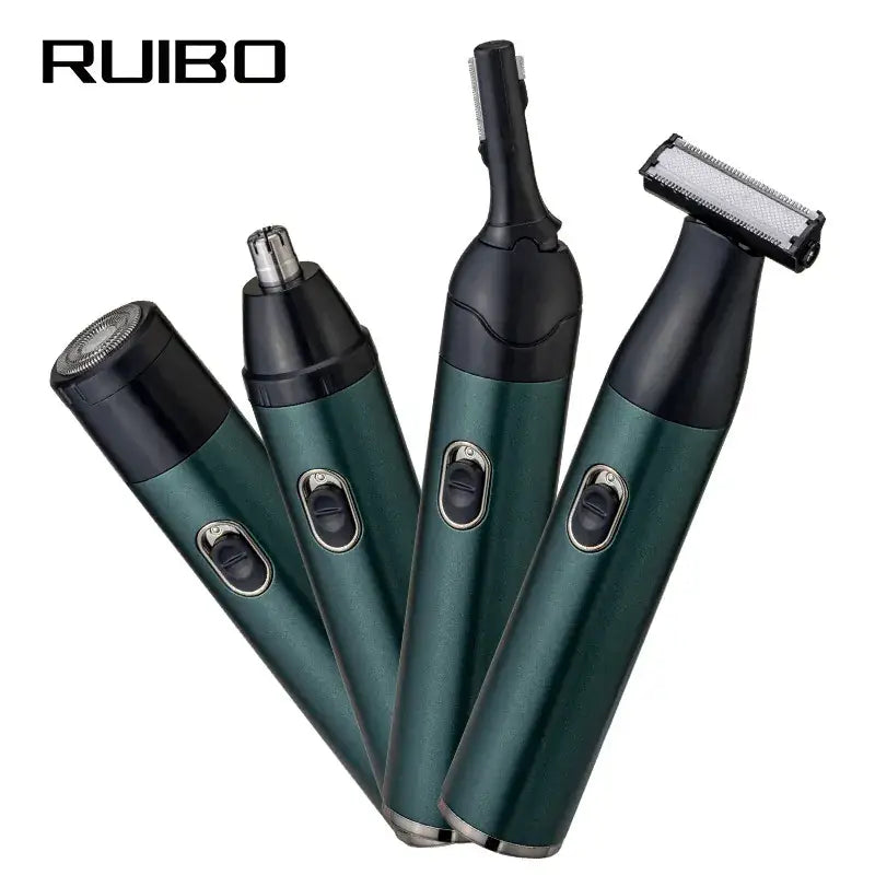 A set of four Ruibo electric grooming devices in a dark teal green and black color scheme, arranged in a fan shape on a white background. The devices include a facial shaver, a nose trimmer, an ear cleaner, and a beard trimmer, with the brand name 'RUIBO' printed in black in the top left corner.