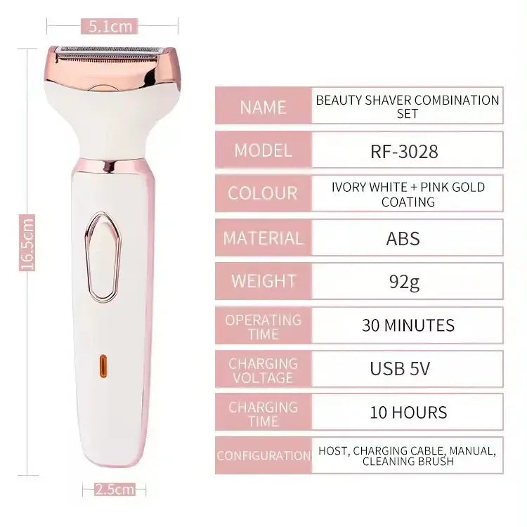 Beauty shaver combination set with dimensions and specifications on a white background