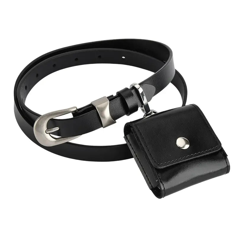 A black leather belt with a silver buckle, shown coiled with an attached small black leather pouch featuring a silver snap button, on a plain white background.