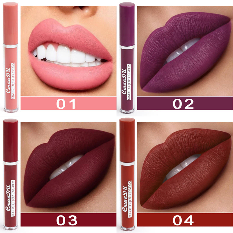Four lipsticks shown with their corresponding shades on lips and packaging.