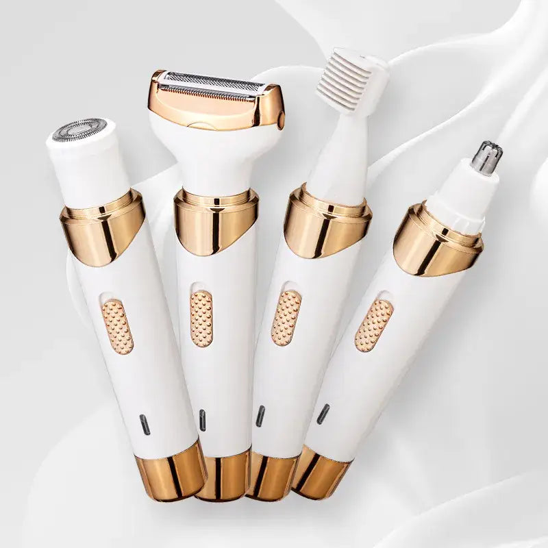 Four white and rose gold beauty devices arranged together on a soft white background, including a facial razor, facial brush, and nose/eye care tools.