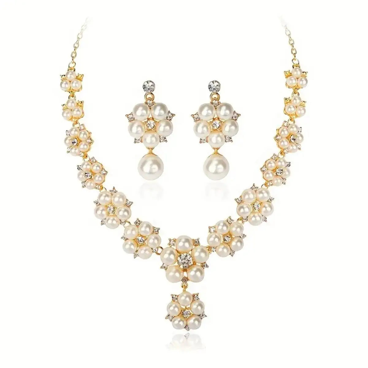 Gold-plated pearl jewelry set featuring a choker necklace and matching drop earrings, decorated with faux pearls and clear rhinestones on a white background.