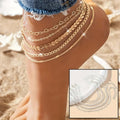 Gold anklets on a person's ankle with a close-up inset on a sandy background