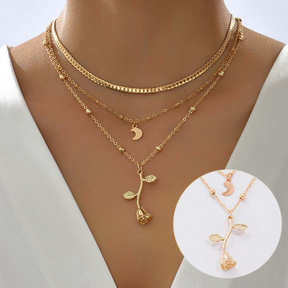 Gold necklaces with a detailed pendant on a mannequin, with an inset showing the pendant.