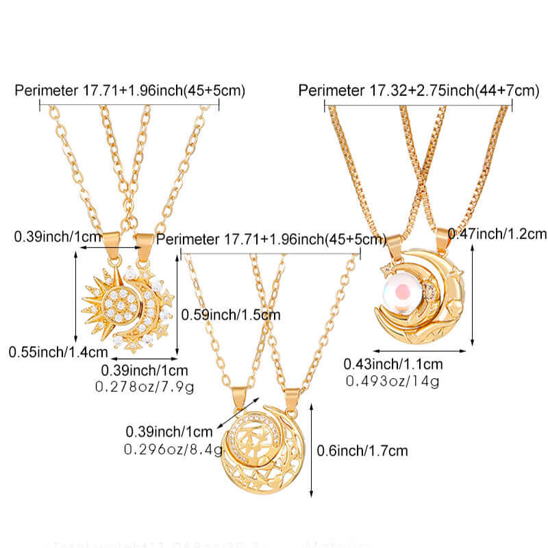 Gold necklaces with pendants and measurements on a white background