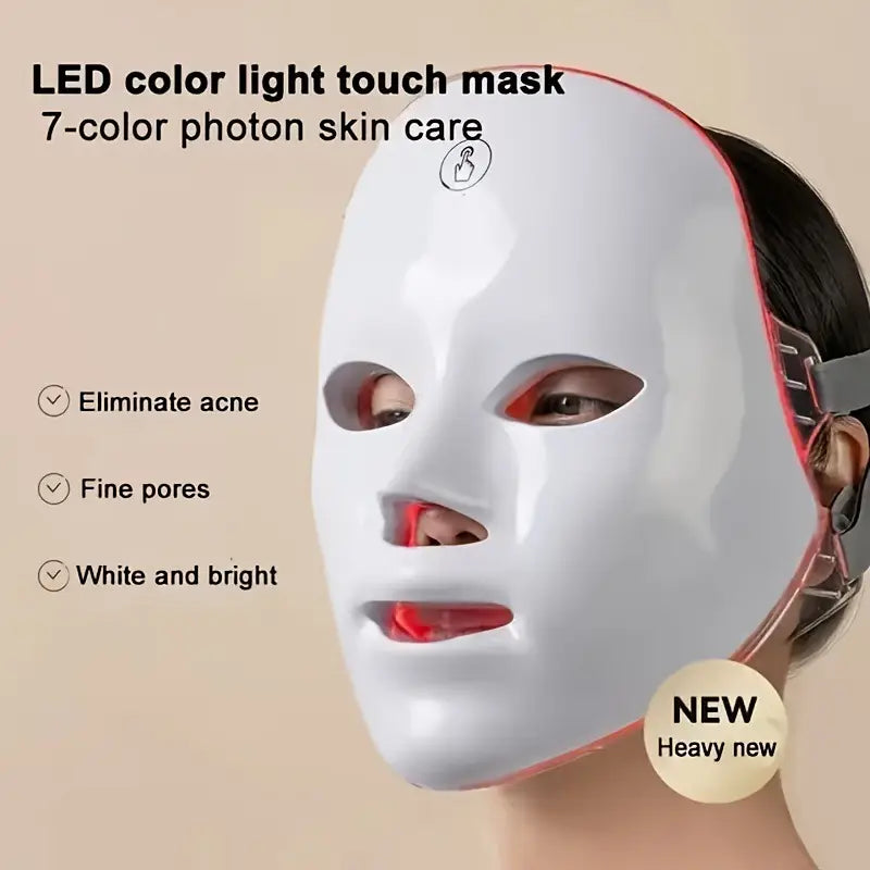 LED color light touch mask for skin care with text on a beige background
