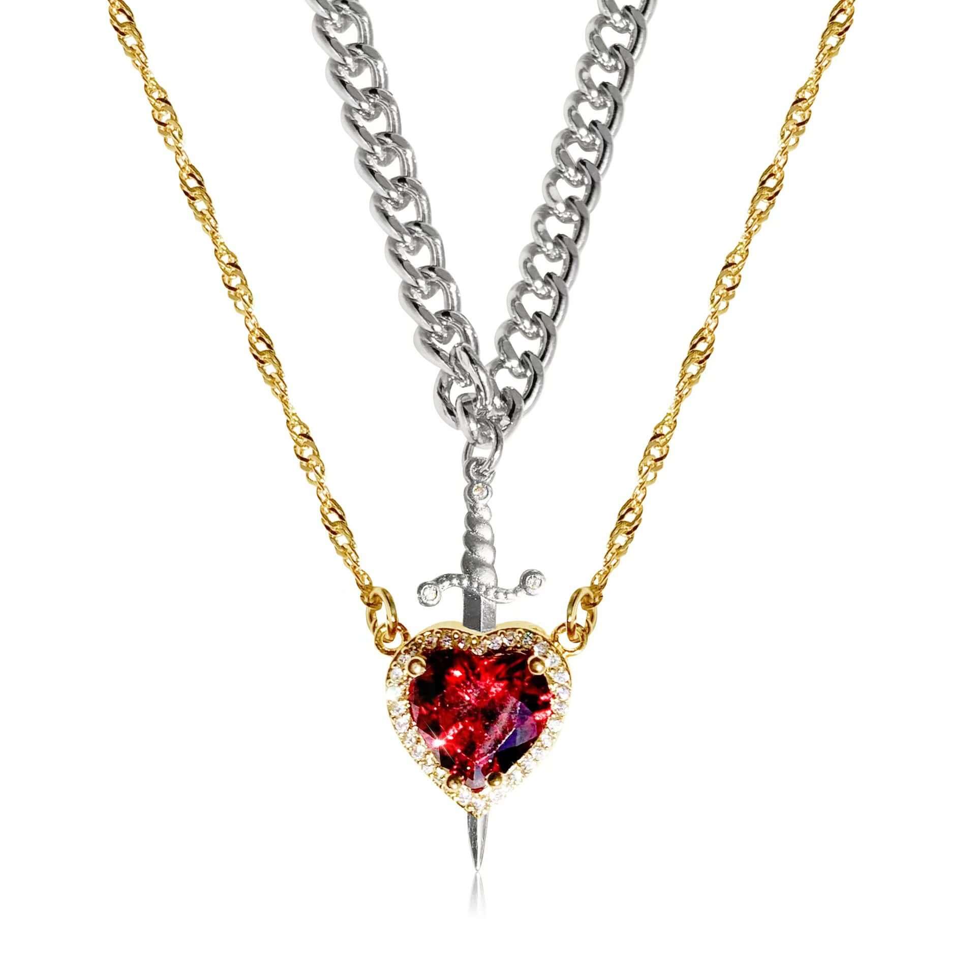 Necklace with a heart-shaped pendant and sword on a white background