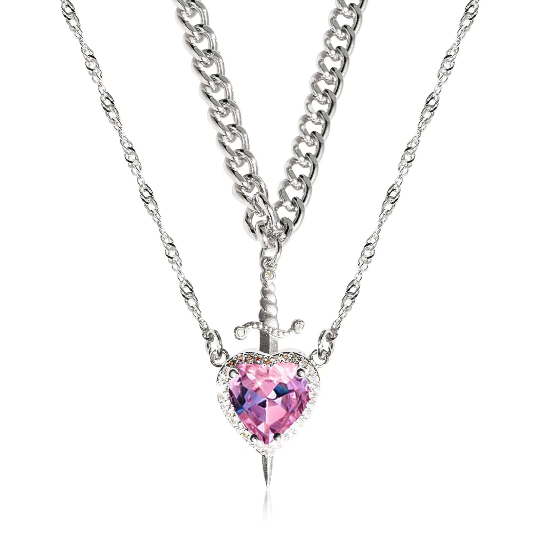 Necklace with a pink heart-shaped pendant on a white background