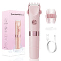 Pink dual-head shaver with packaging, comb, and charging cable on a white background