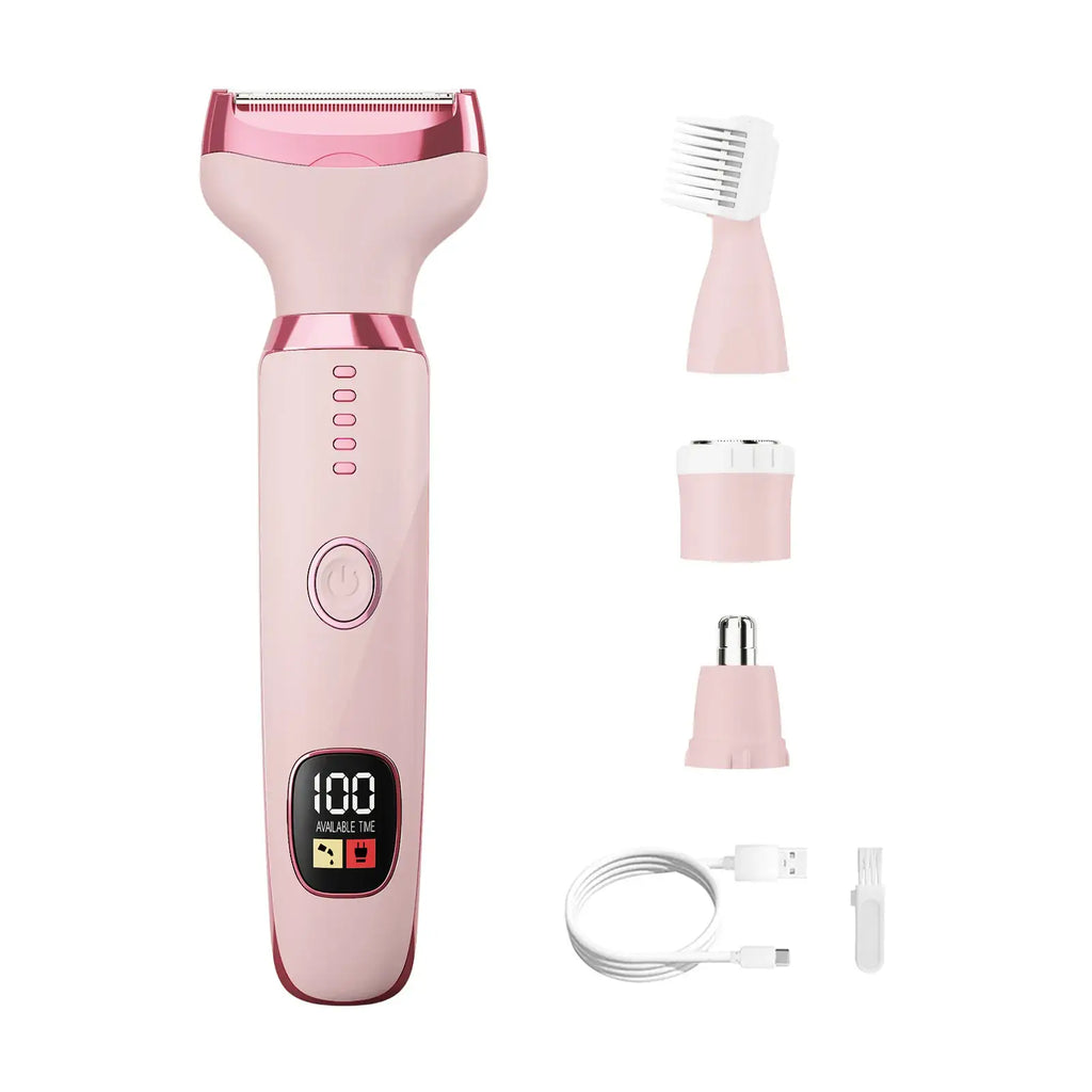 Pink electric facial shaver shown with multiple attachments and accessories on a clean white background. The main shaver has a digital display, power button, and four LED indicator lights.