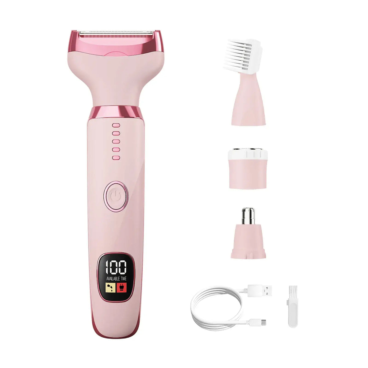 Pink electric facial shaver shown with multiple attachments and accessories on a clean white background. The main shaver has a digital display, power button, and four LED indicator lights.