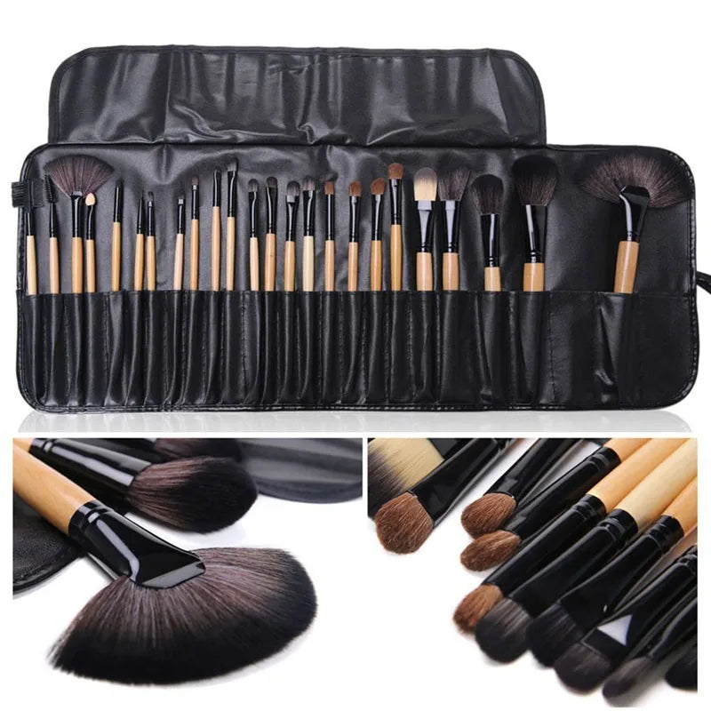 Set of makeup brushes with black handles and brown bristles in a black case, with close-up shots of individual brushes.