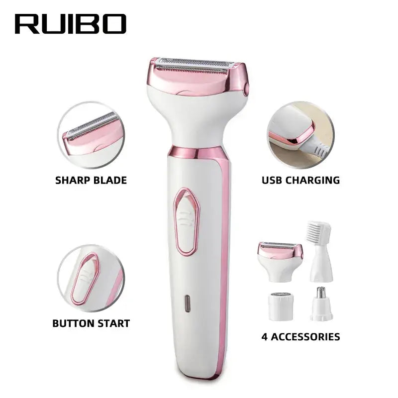 RUIBO electric shaver with sharp blade, USB charging, button start, and four accessories on a white background.