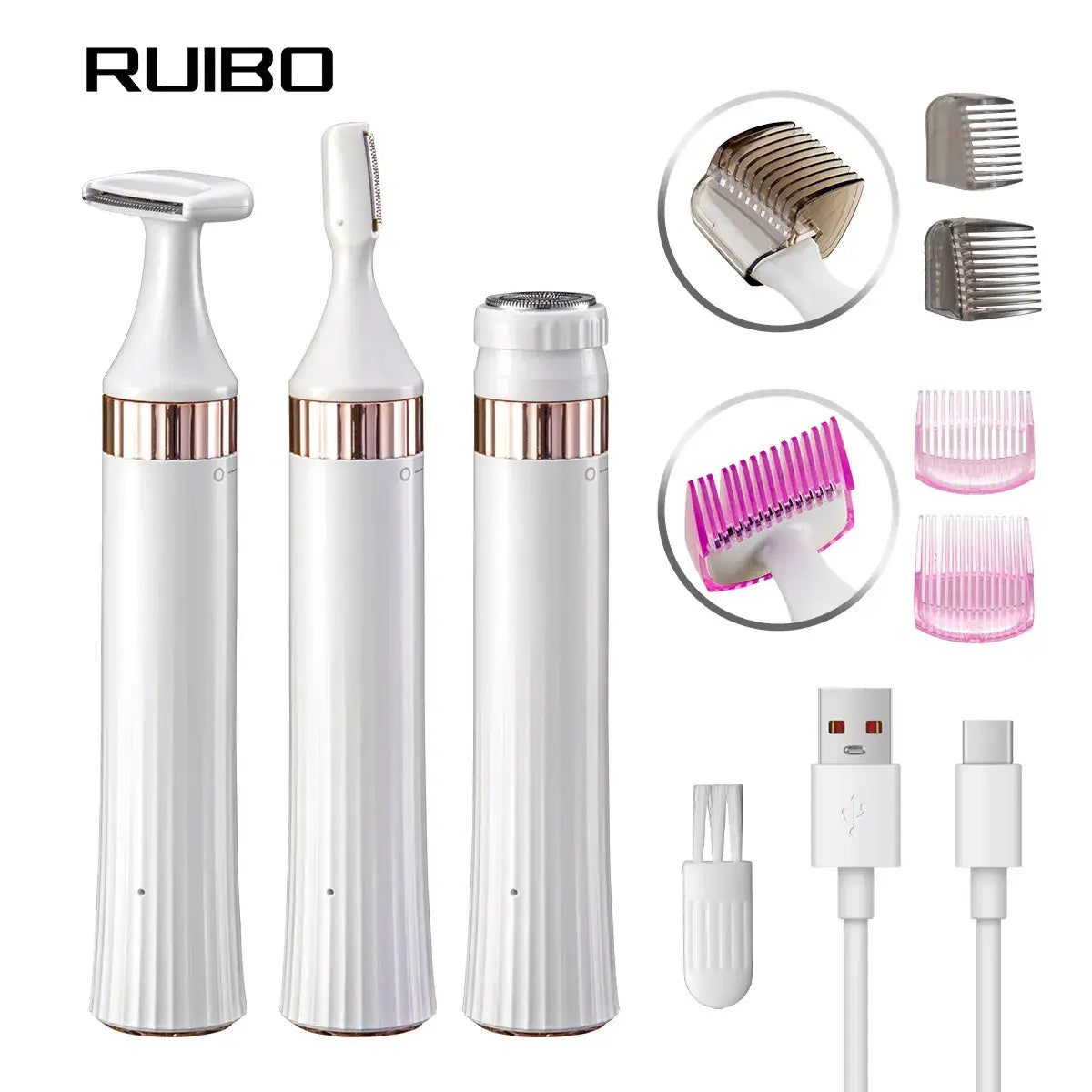 RUIBO hair removal device with attachments and USB cable on a white background