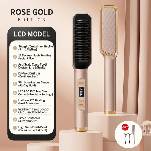 Rose gold edition hair styling tool shown on a beige studio set, alongside an LCD model list on a black card and a small gift icon. The product appears to be a handheld hair straightener/curling tool with a black brush head and gold-toned body accents.