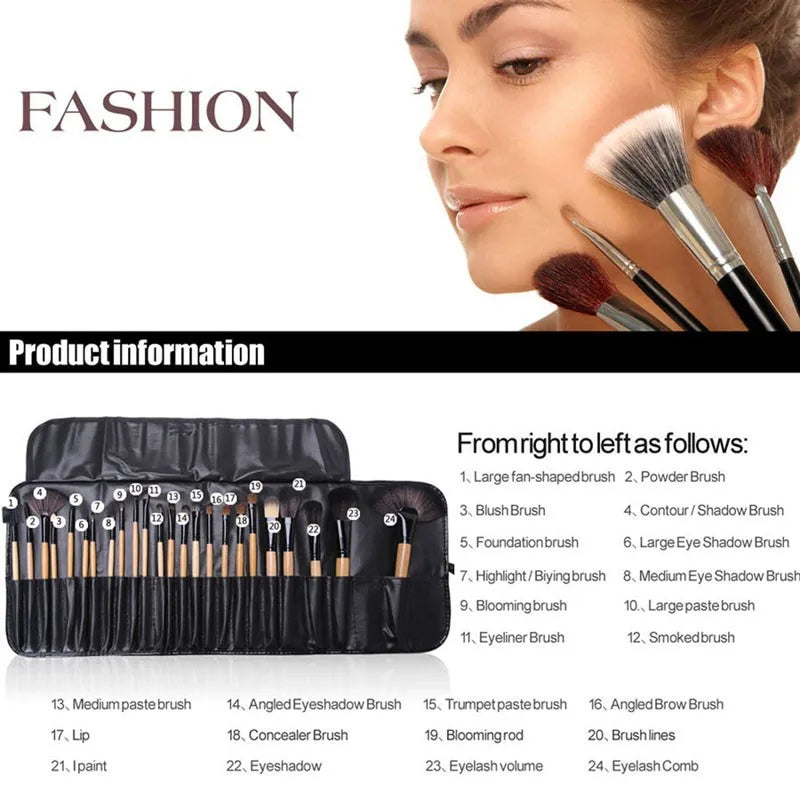 Set of makeup brushes with a woman's face and product information.
