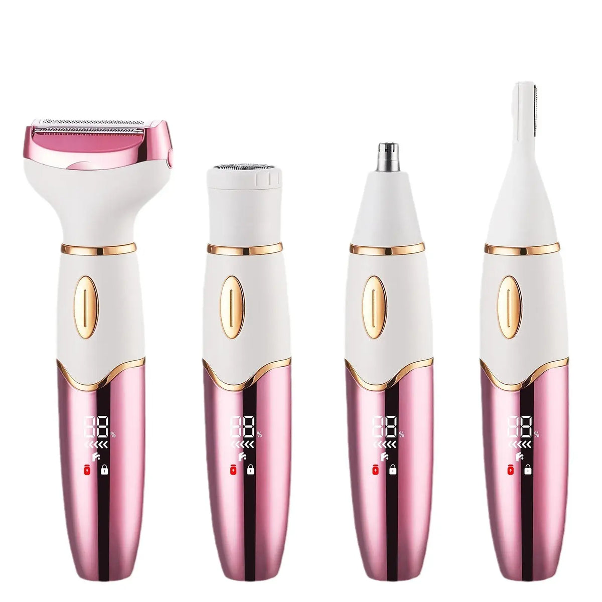 Set of pink and white electronic devices on a white background