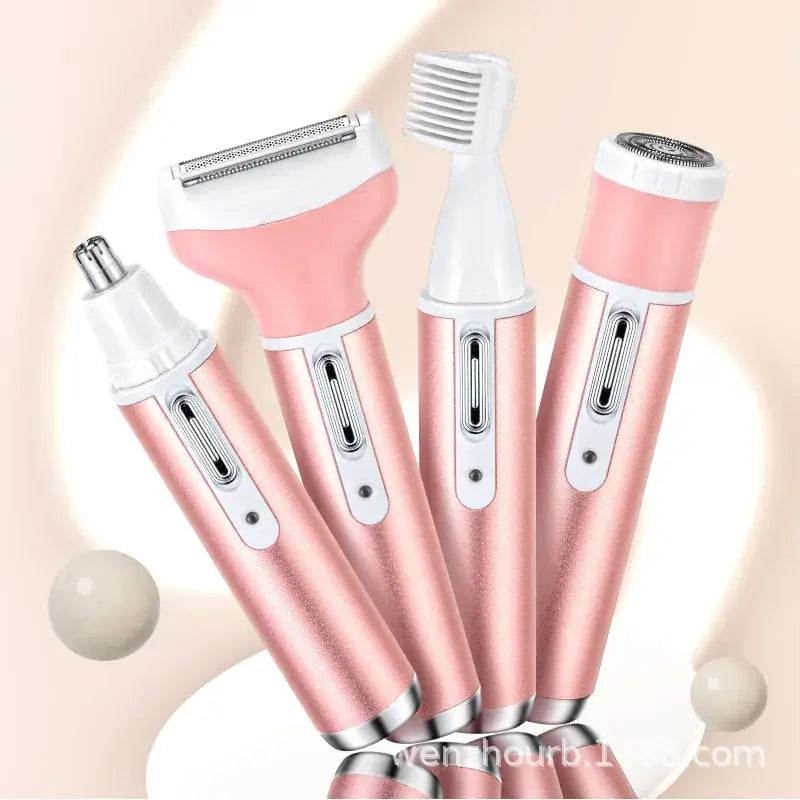Set of pink and white electronic grooming tools on a beige background