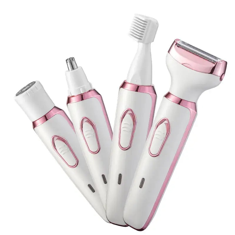 Set of white and pink electronic grooming devices on a white background