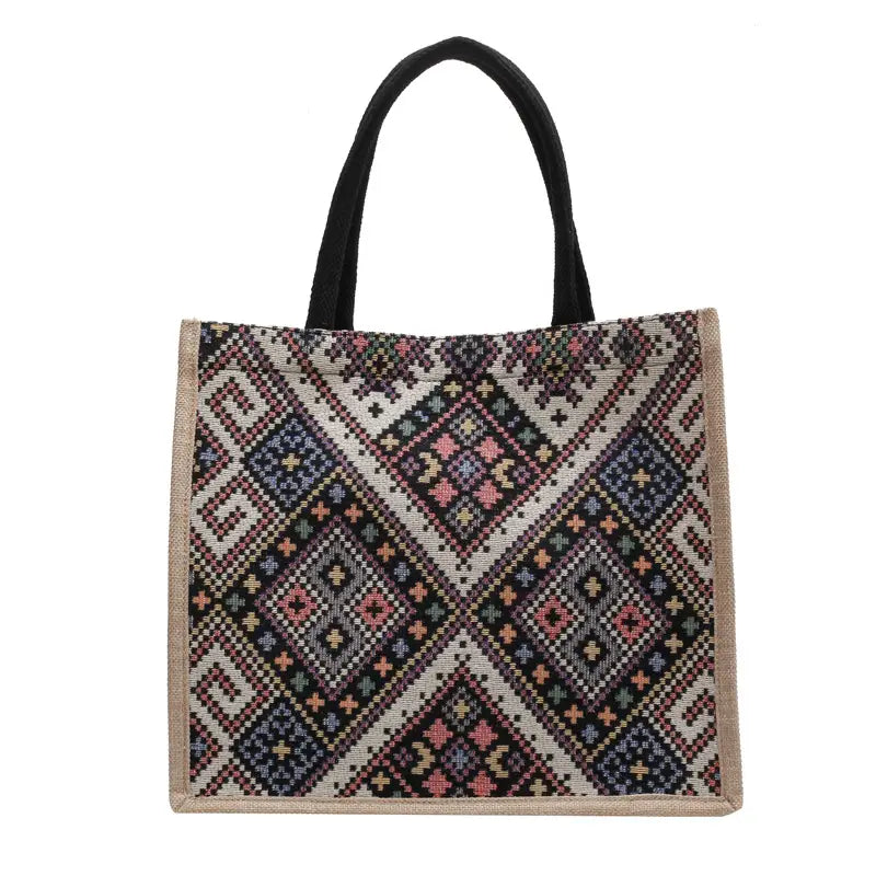 Tote bag with geometric pattern on a white background