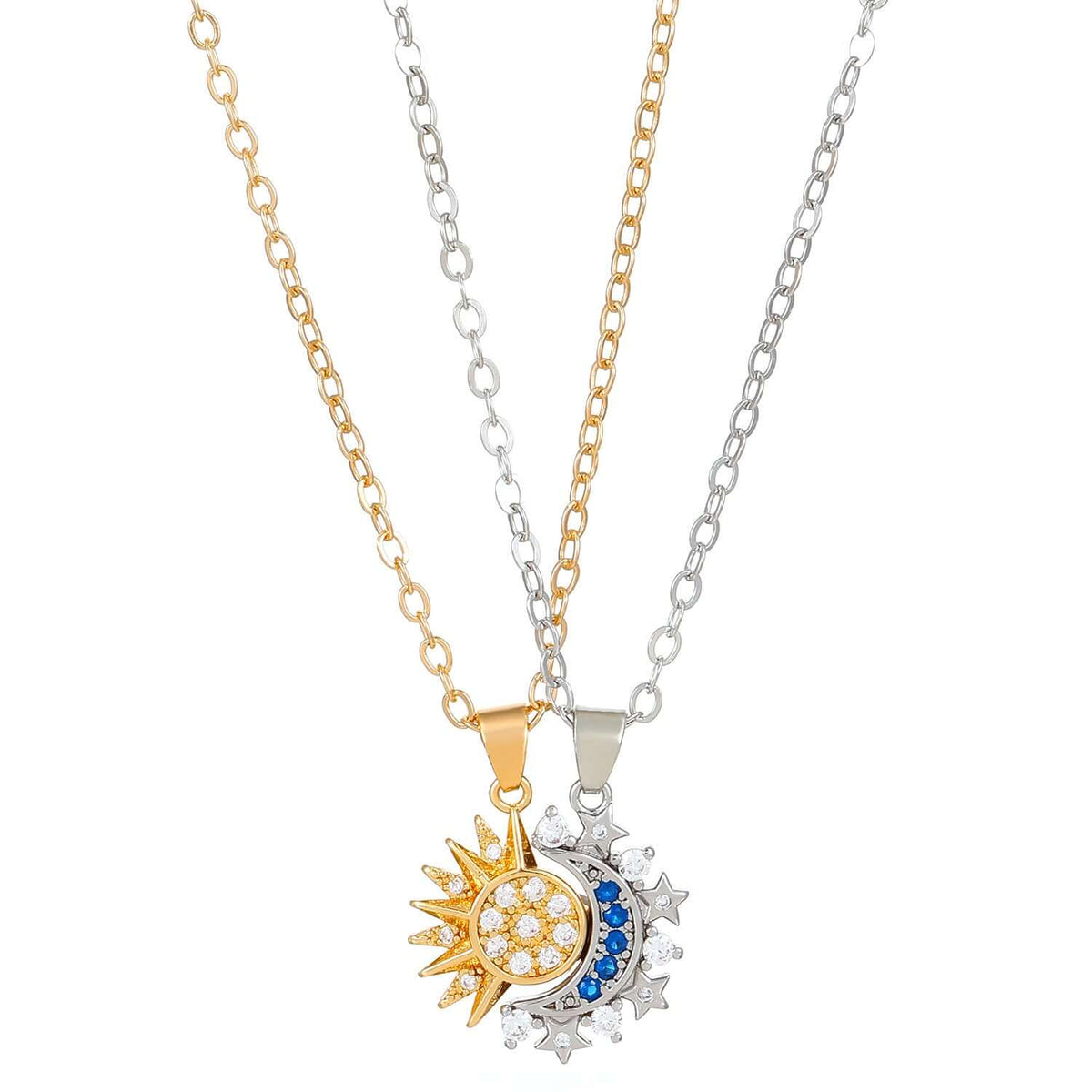Two necklaces with sun and moon pendants on a white background