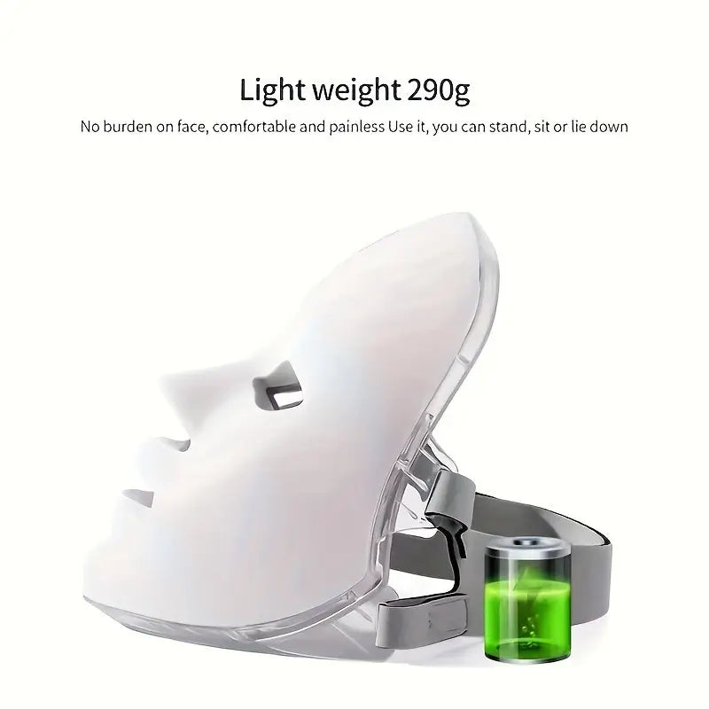 White face mask with a green light on a white background, featuring text about weight and usage.