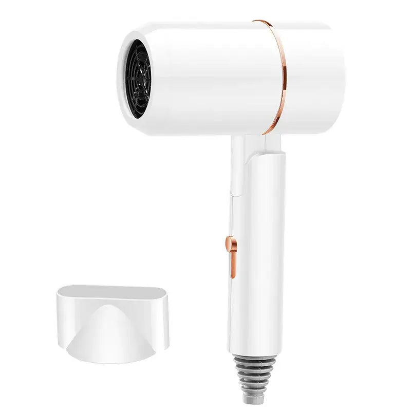 White hair dryer with rose gold accents on a white background