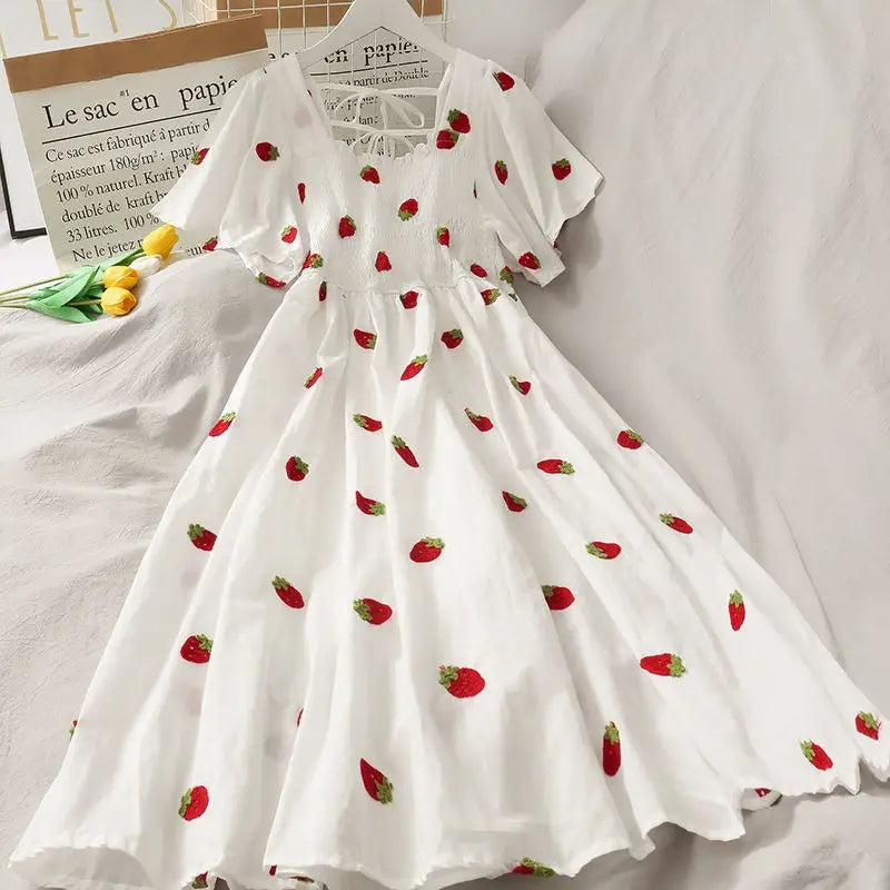 White short-sleeve dress with red strawberry print, featuring a ruffled neckline and a flared skirt, styled on a white fabric background with decorative props.
