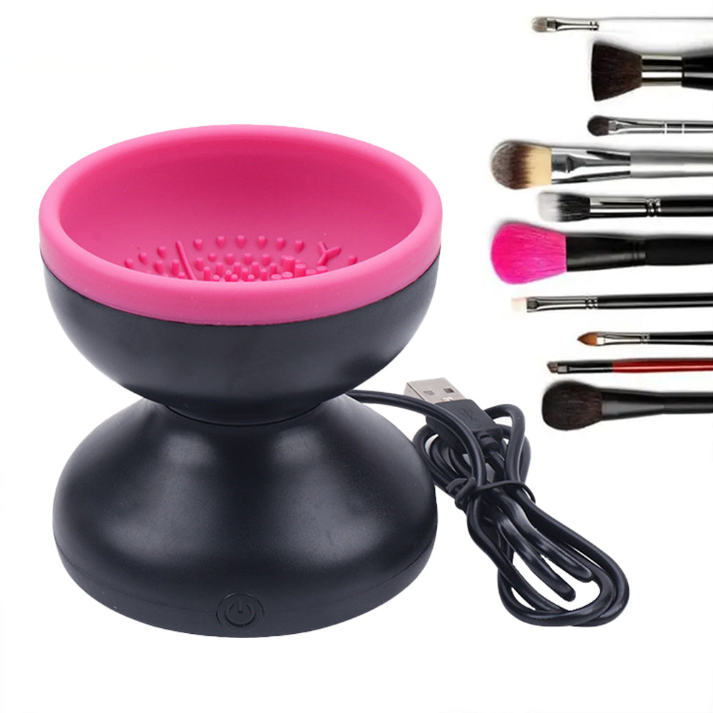  Black electric makeup brush cleaner machine operating with a brush submersed in the spinning cleaning bowl.