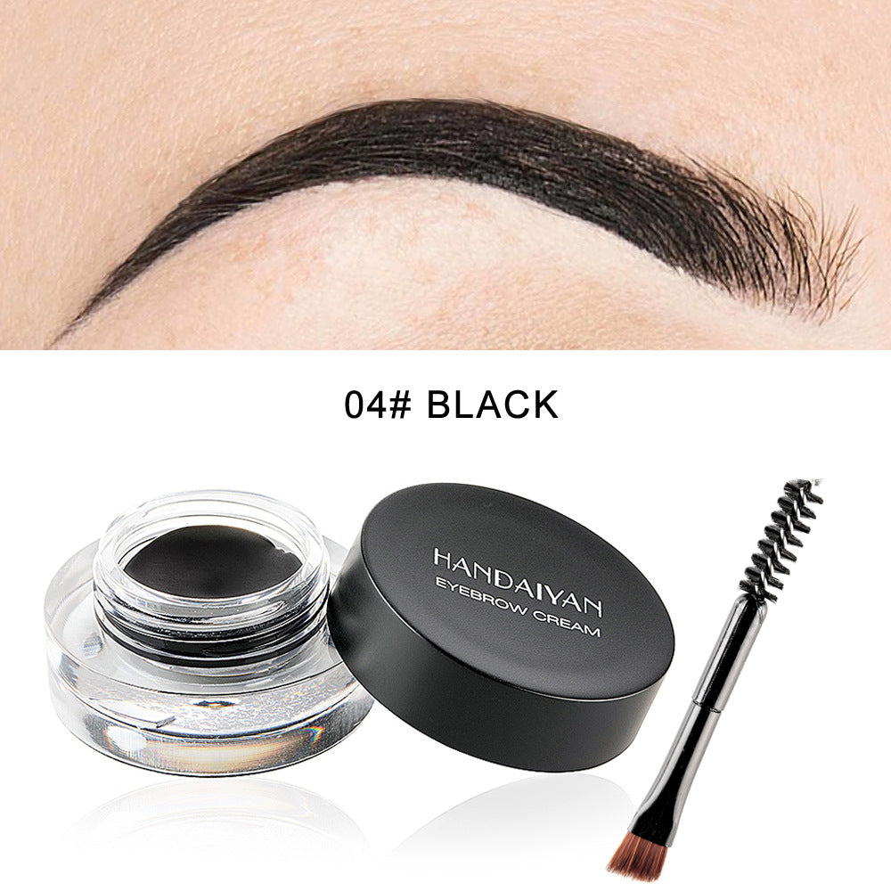 Black eyebrow pomade pot with swatch demo and applicator brush.