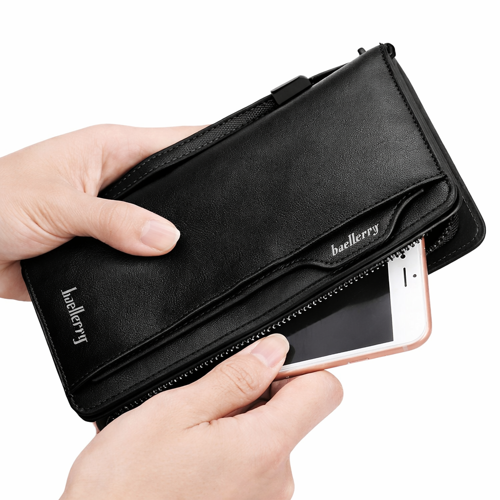 Black long leather zipper wallet holding a smartphone inside