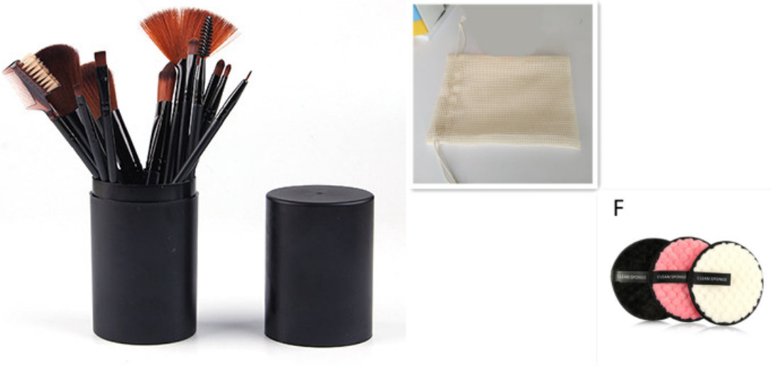 Set of makeup brushes in a black holder with an inset showing a bathroom setting and color swatches.