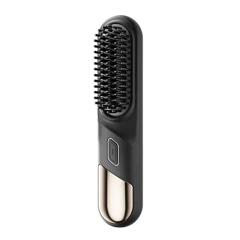 A sleek, modern hairbrush with a matte black body, black bristles, and a metallic champagne-gold base, shown on a solid white background.