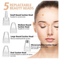 Diagram showing electric blackhead remover tool with 5 replaceable beauty heads and target skin areas.