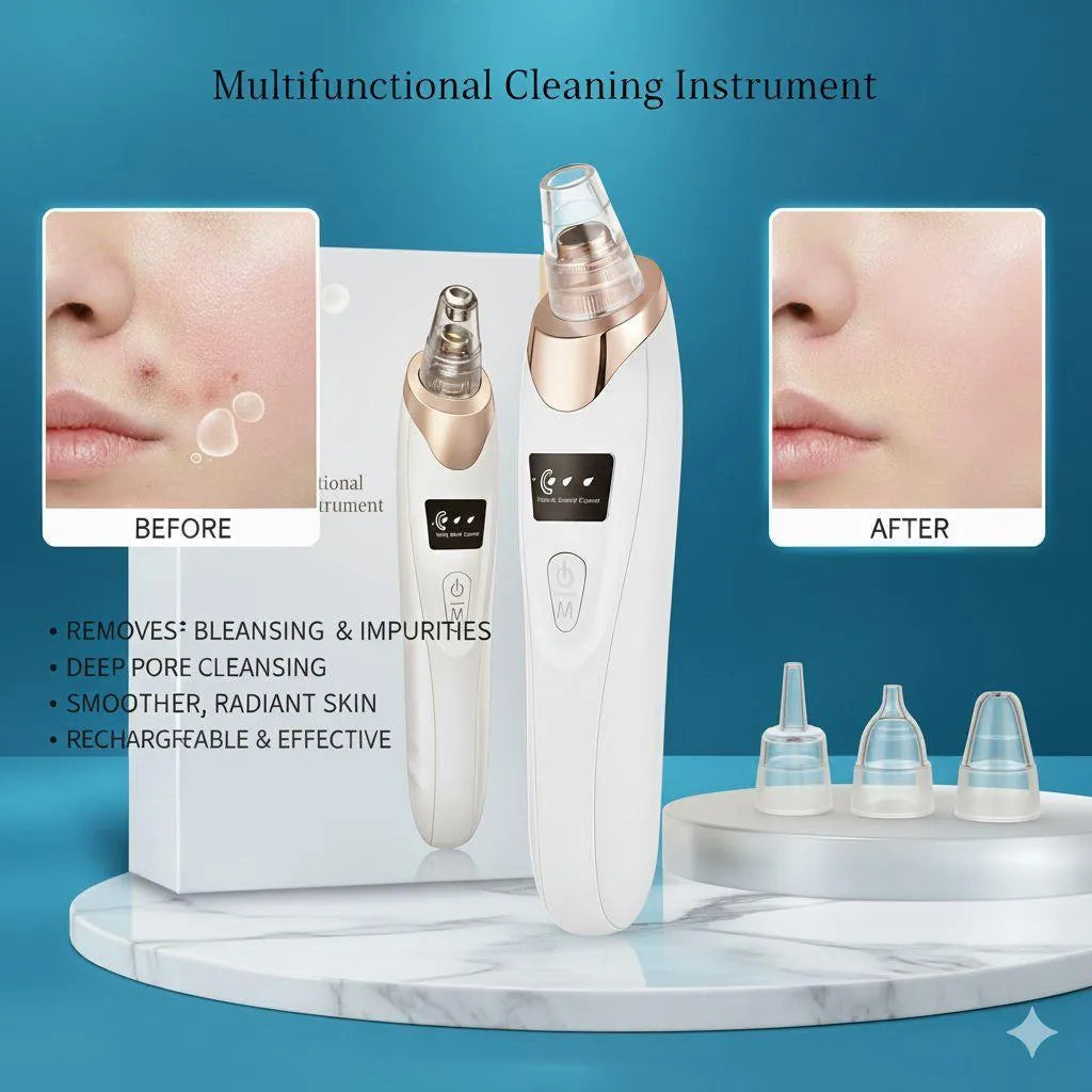Blackhead remover vacuum device standing next to its product packaging box.